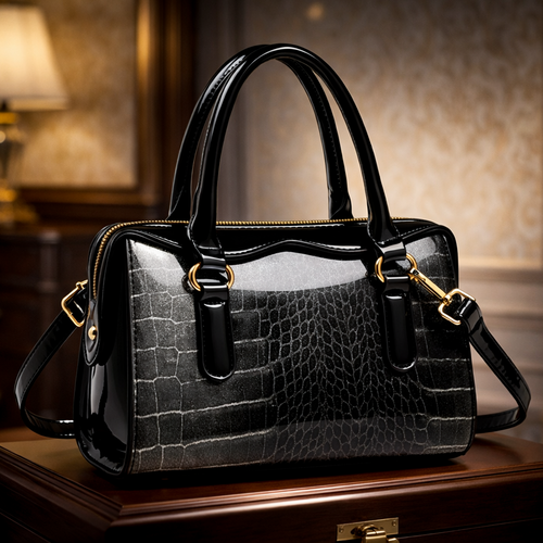 Shiny Leather Fashion Stone Pattern Handbag Black / code=1001b