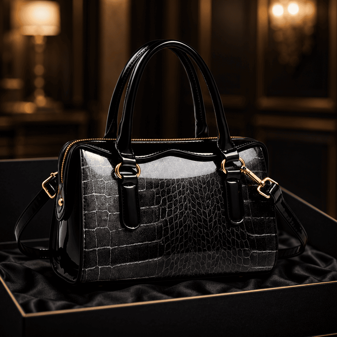 Shiny Leather Fashion Stone Pattern Handbag Black / code=1001b