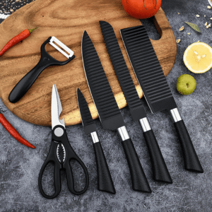 knife six-piece set household horseshoe handle stainless steel black tie pattern kitchen knife