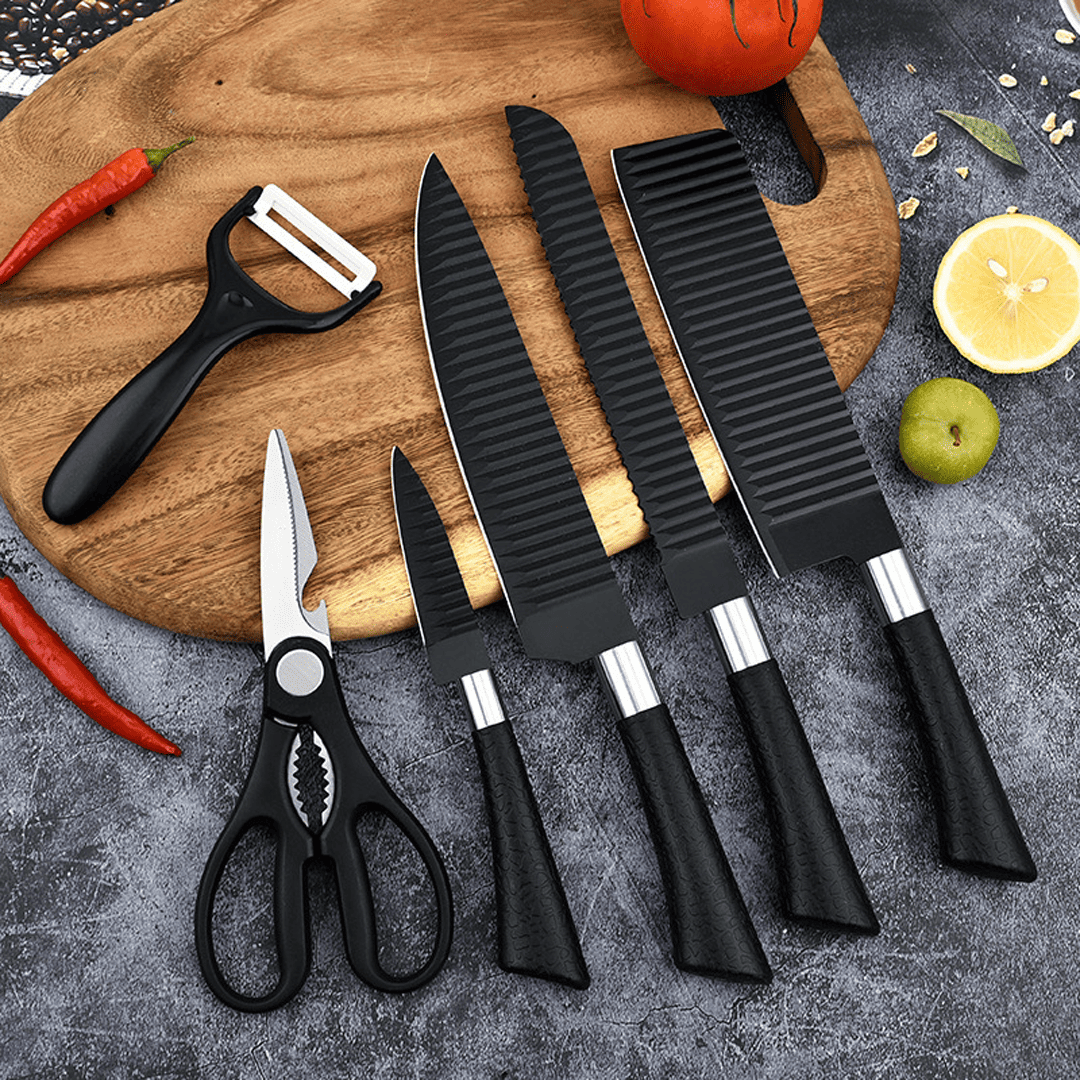 knife six-piece set household horseshoe handle stainless steel black tie pattern kitchen knife